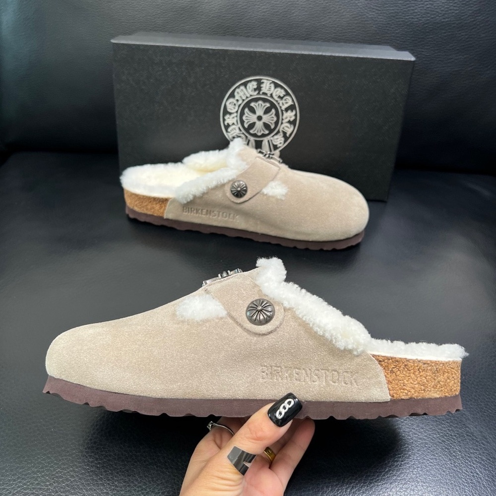 Chrome Hearts Cream Suede Shearling Clogs with Silver Buckle - Picture 5 of 9
